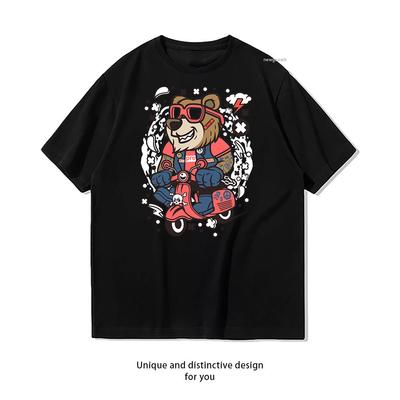 Retro Bear Rider Cotton T Shirt Unisex Adult Couple Streetwealtops Tee Short Sleev Casual