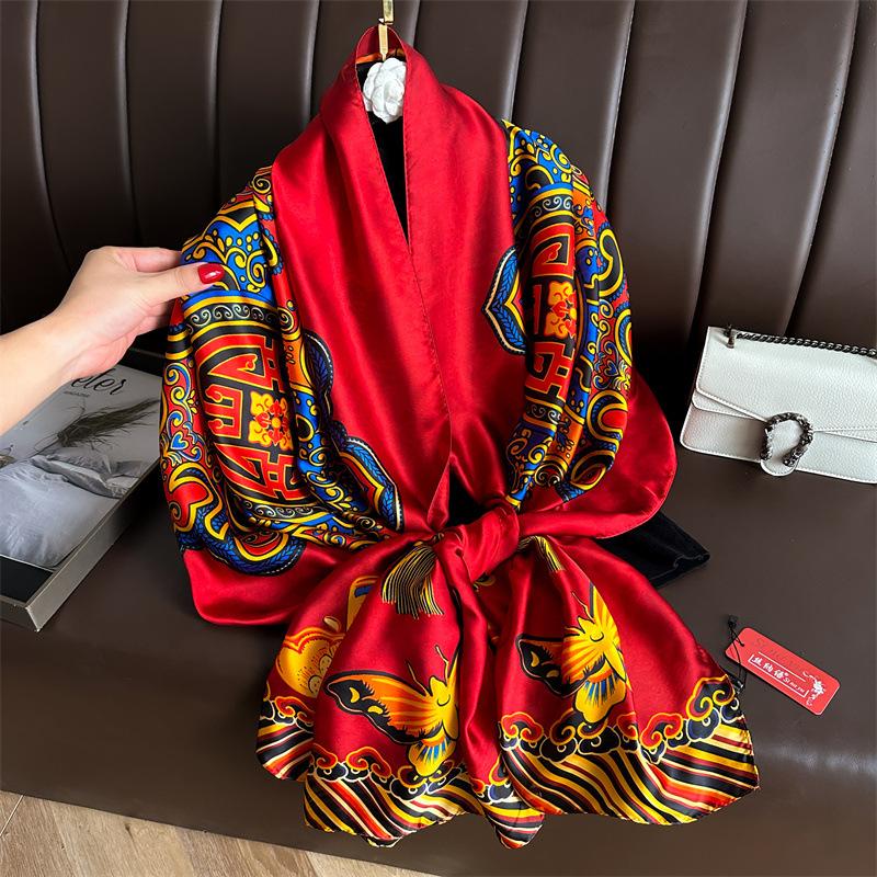 Spring and summer new retro red plum printing shawl silk scarf imitation silk scarf versatile headscarf long scarf thin beautiful brocade