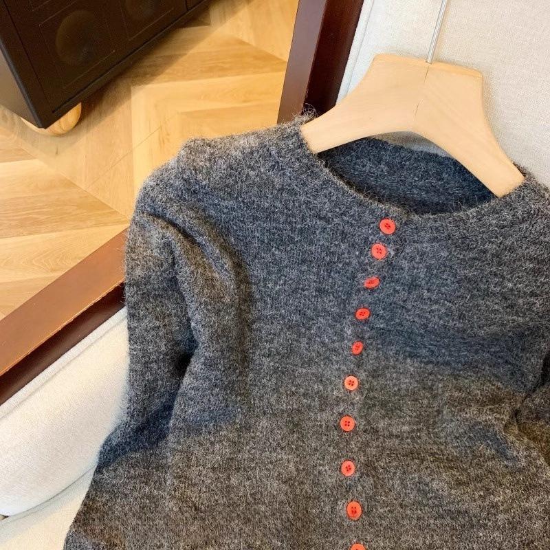 Dark Gray Button Sweater Cardigan Women's Spring Knitted Bottoming Shirt Lazy Wind Contrasting Color Cuff Splicing Top