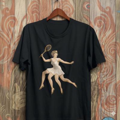 Unisex Cotton T-shirt Vintage Tennis Girl Graphic T-Shirt Black Retro Sports Art Tee - T380