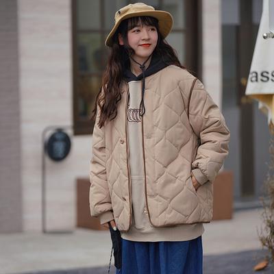 Style Neutre Veste de Baseball Simple à Col Rond Veste en Coton Automne et Hiver Courte Grande Taille Homme et Femme Veste en Coton Sans Col en Forme de Diamant