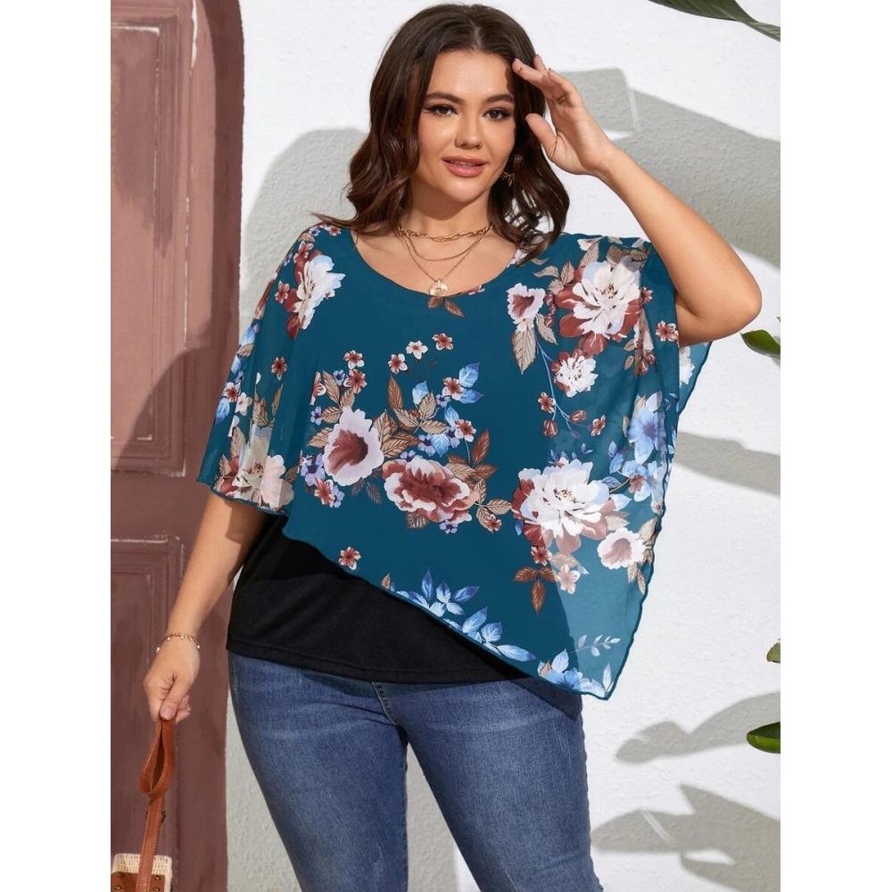 Plus Size Women's Chiffon Shawl Fake Two Piece T-Shirt