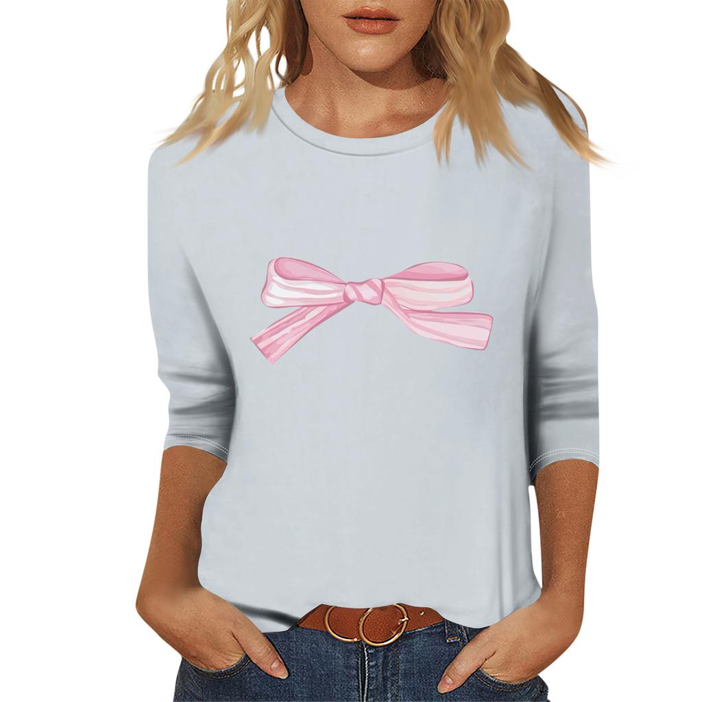 Ladies' Fashionable And Casual Seven Quarter Sleeve Bow Printed Pullover Top