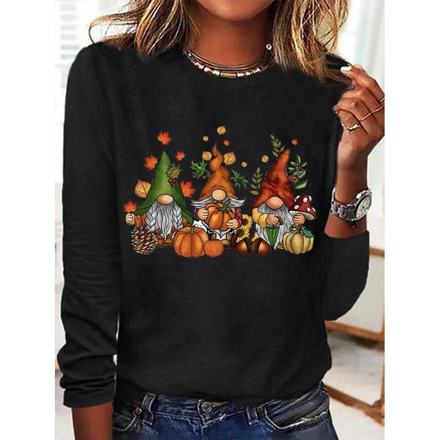 Tricouri cu mânecă lungă cu imprimeu amuzant pentru femei Pulover de zi cu zi Toamna Gnomi Toamna Dovleac Ziua Recunoștinței Topuri casual Harajuku