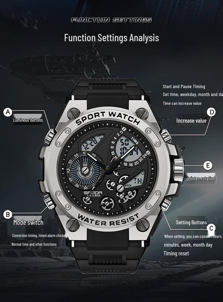 Sanda Men's 3D Dual Display Sports Watch with Night Light and Multi-function Features