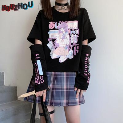 Kawaii Y2k E Girl Cartoon Print Graphic Long Sleeve T-shirts Women Harajuku Black Tee Shirt Japanese Streetwear Club Style