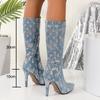 Damen Glitzer Denim Hoher Dünner Absatz Lange Stiefel Dame Büro Nachtclub Einzelstiefel Damen Seitenreißverschluss Mid-calf Mode Stiefel Botas