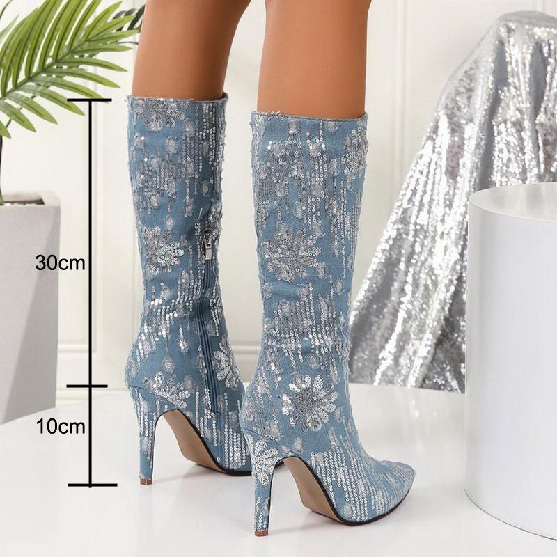Damen Glitzer Denim Hoher Dünner Absatz Lange Stiefel Dame Büro Nachtclub Einzelstiefel Damen Seitenreißverschluss Mid-calf Mode Stiefel Botas