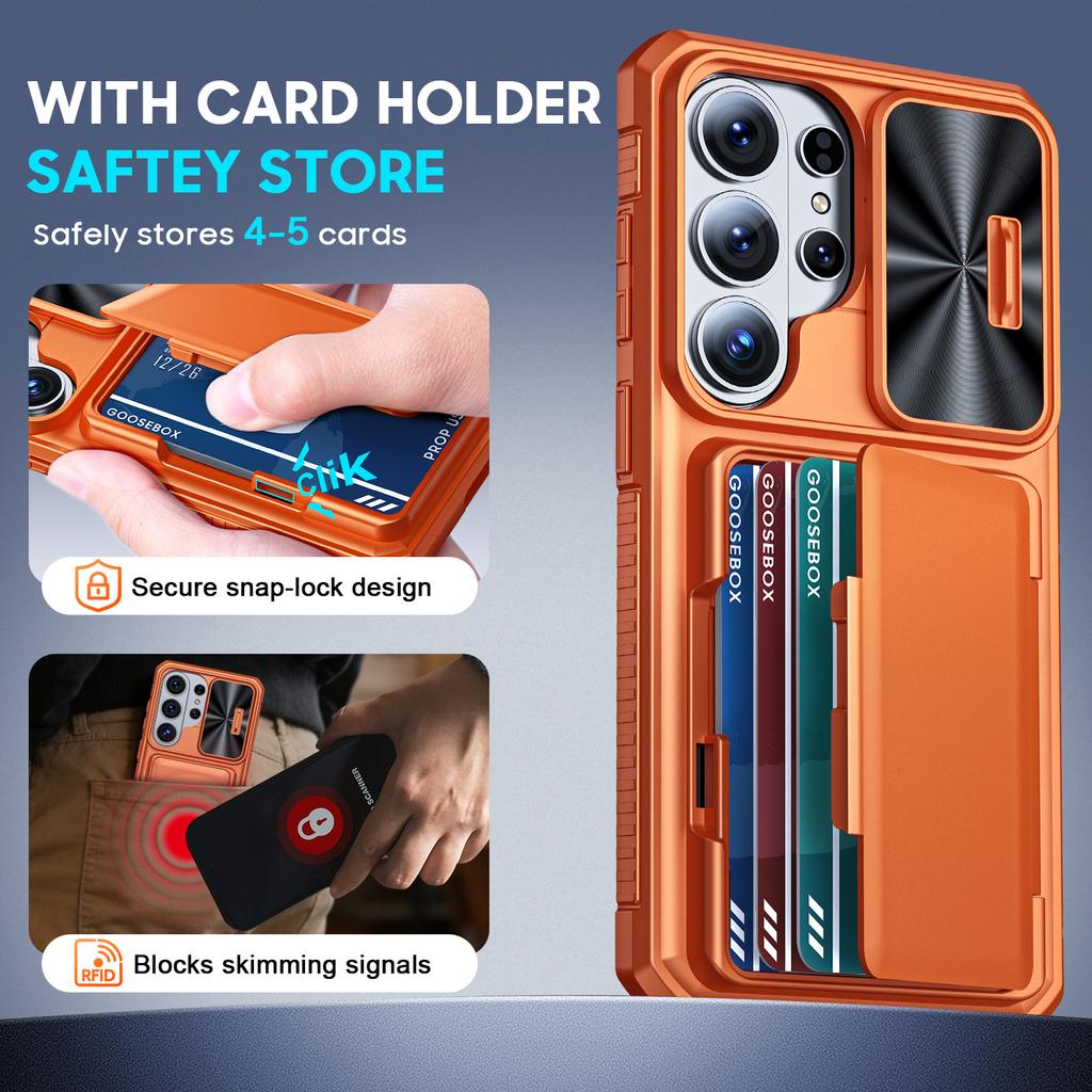 Mit Kartenhalter, Schiebefach für die Kamera und Ständer für Samsung Galaxy S26 Ultra Handyhülle, Anti-Fall PC+TPU Brieftaschenhülle-Orange