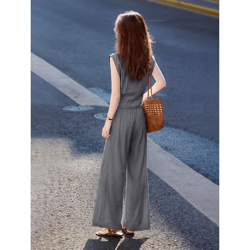 Women's Summer Lapel Sleeveless Top & Wide-Leg Pants Set