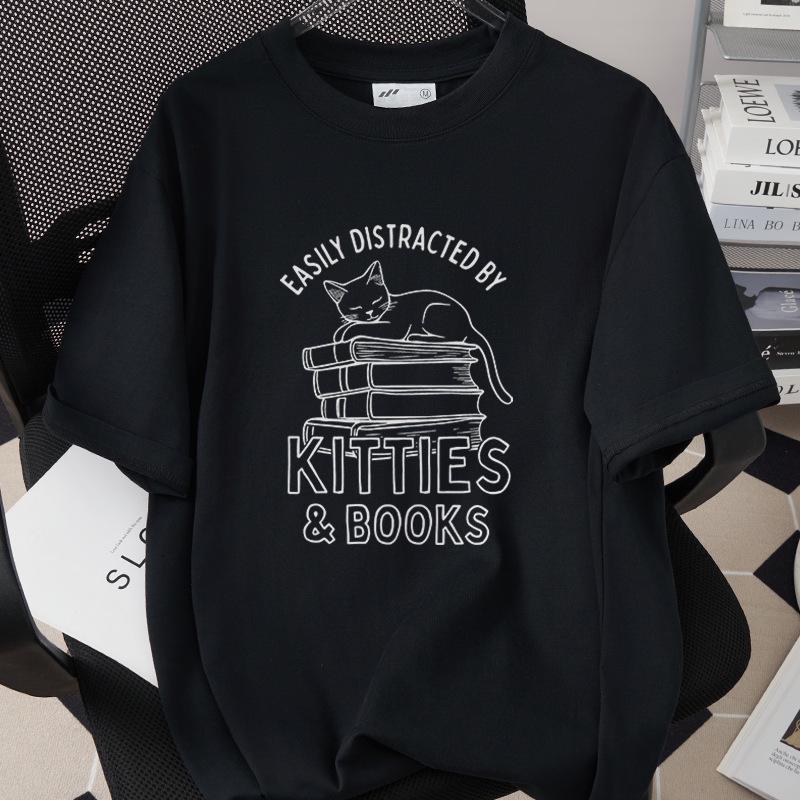 Trendiges Grenzüberschreitendes Katzen-Print-T-Shirt, 260g Reine Baumwolle, Kurzarm, Einfach 1002-45