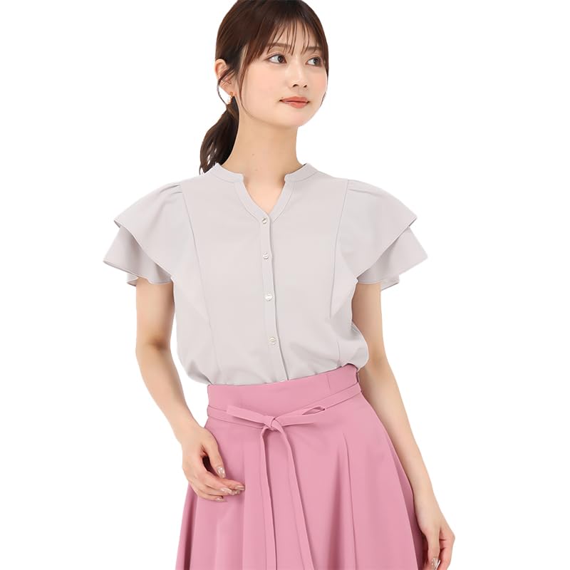 Mishmash Short Spring Office Solid Gray Women's Shirt/Blouse, Sleeve, Clothes, Casual, Color, Basic, Ruffled, Feminine,
