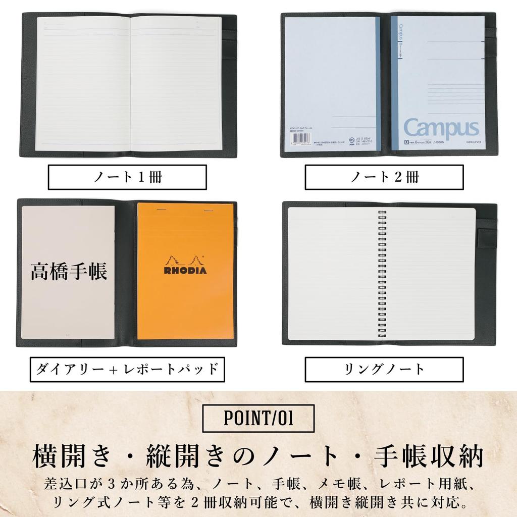A4 Leather Notebook Diary Memo Pad Rhodia Holds 2 with Pen Holder and Pocket Cover, Cover, Cover, Cover, Notebooks, (Black)