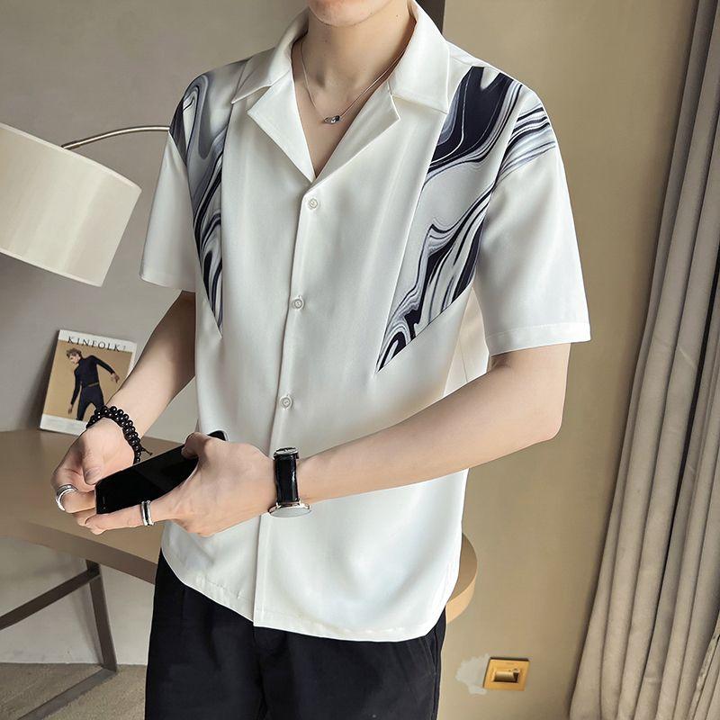 

2024 Лето Красивая Модная Мужская Повседневная Деловая Универсальная Рубашка с Кубинским Воротником, Блочной Цветной Принт, Свободного Оверсайз Кроя, с Коротким Рукавом L белый