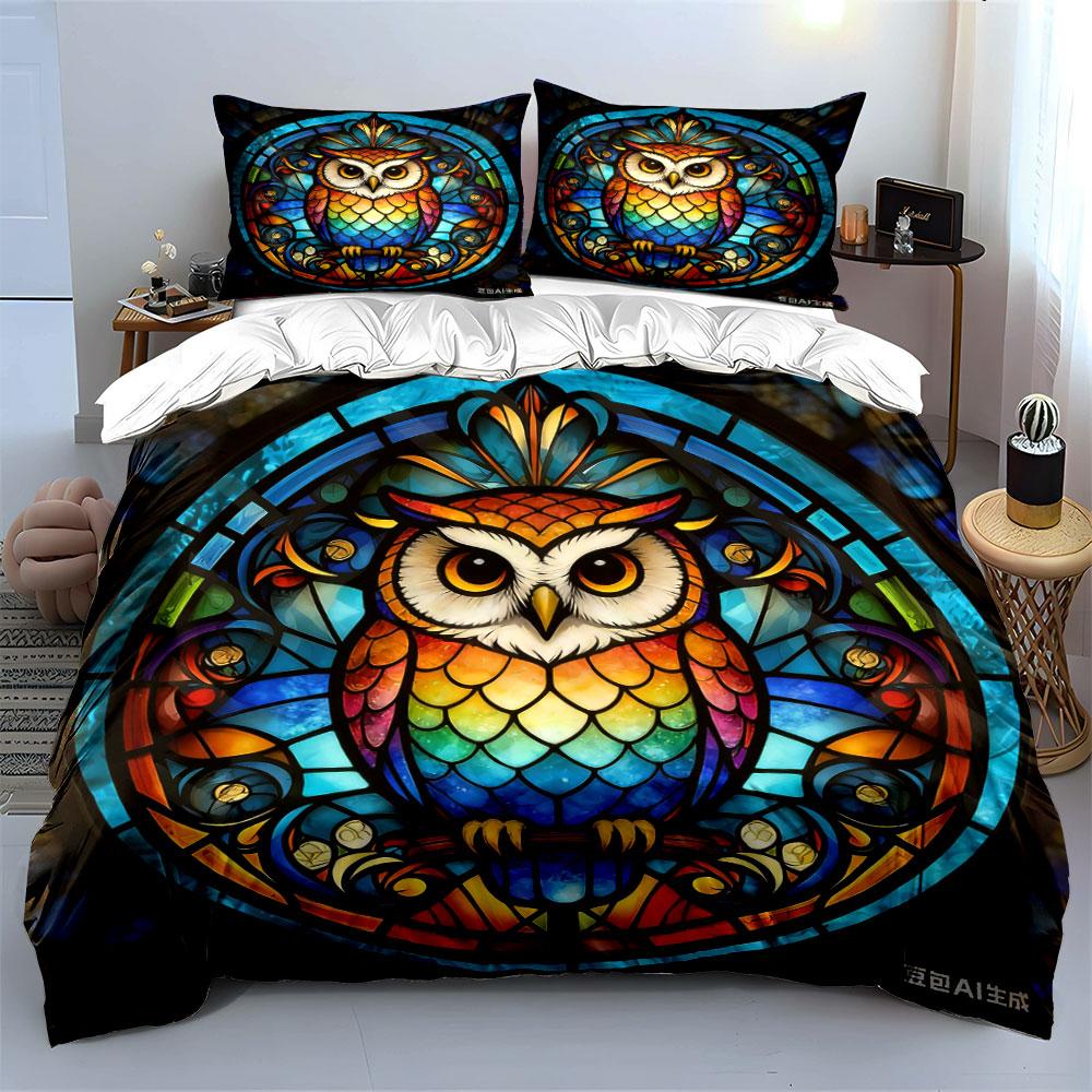 Colorful Owl Glass Decor Set Multiple Sizes Kid'S And Adults' Bedroom Exquisite 3Pc Bedding Set, Gift