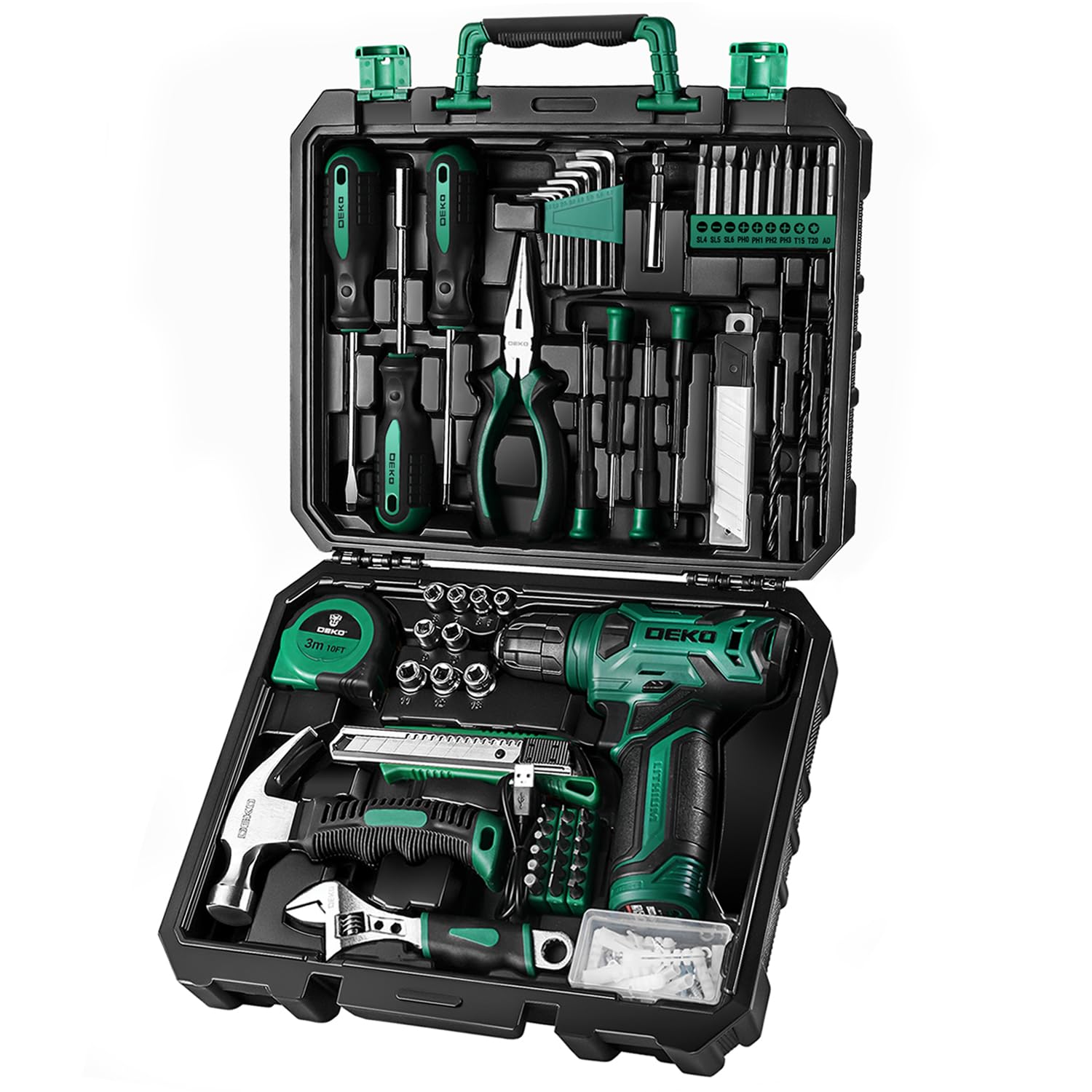 

Набор инструментов с 8-вольтовой электрической дрелью для дома, мебели, дома и включает удобный кейс для хранения, 126 предметов, дрель, розовый, использование, сделай сам, сборка, обслуживание, зелёный