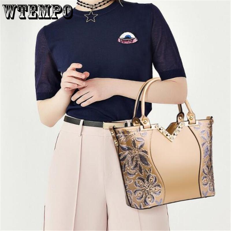 WTEMPO Frauen Mode Handtaschen Stickerei Pu Leder Schulter Tasche Dame Elegante Party Taschen