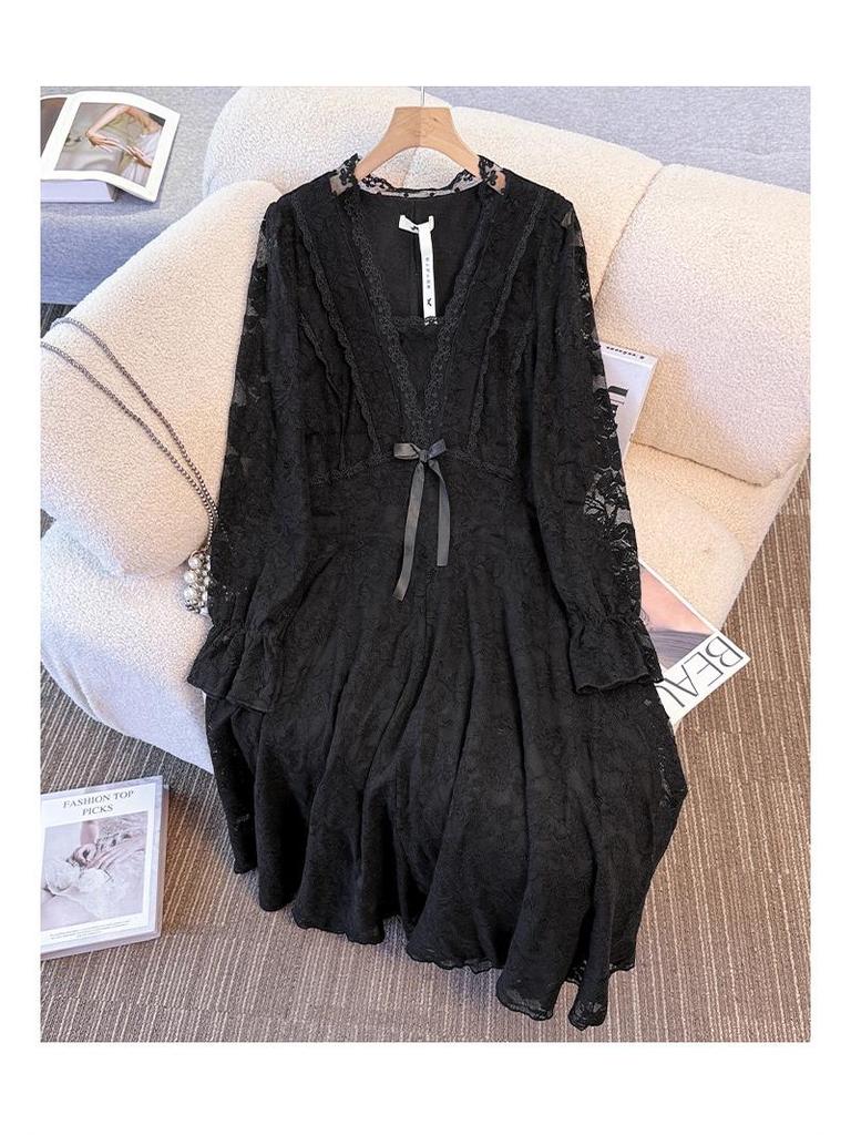 Plus Size Women's Lace Dress with Velvet Lining - Autumn/Winter, Elegant Slimming Skirt for 130-300 lbs