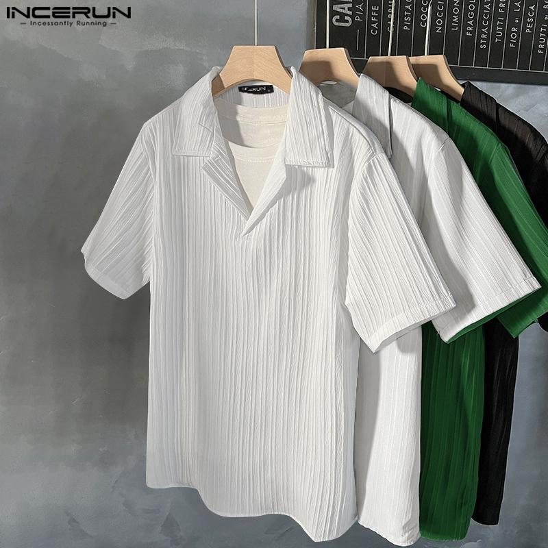 INCERUN Oversized Men's Short Sleeve Lapel Neck Casual Texture Tops T-shirts