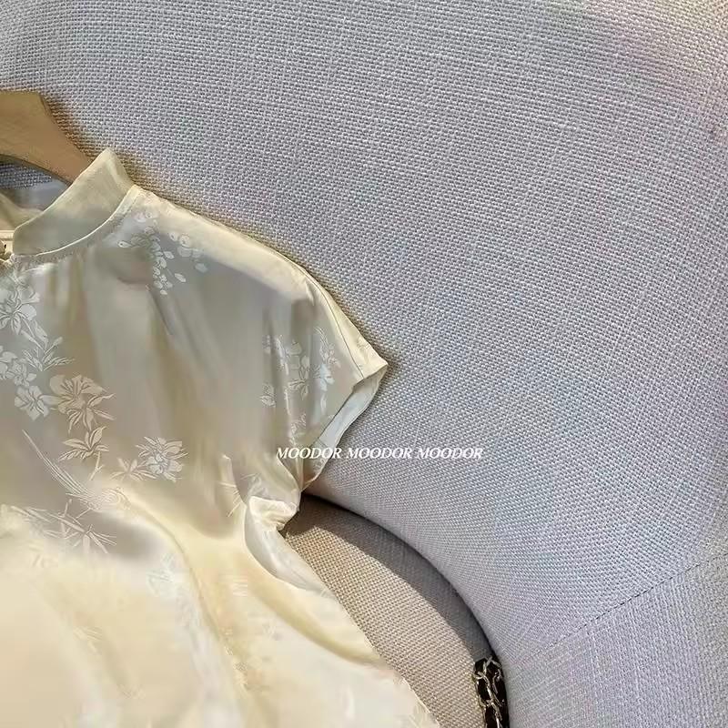 Chinese Women Short Sleeve Printed Satin Shirt Summer Stand-Up Collar Chic Elegant Women's Blouse Retro Summer Thin Sof