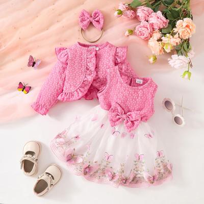 Toddler Girl's Sweet Mesh Suit: Long Sleeve Jacket, Butterfly Vest Dress & Hairband for Autumn/Winter.