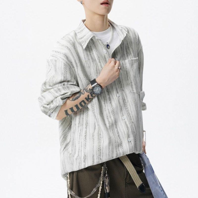 

Vintage Tie Dye Striped Printed Loose Shirts Men s Clothing Polo-Neck Autumn New Fashion Pockets Spliced Single-breasted Shirts L білий