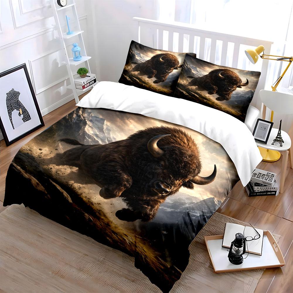 Roaring Bull In Mountain Scene Bedding Duvet Cover Set  (1*Duvet Cover 2*Pillowcases, Without Duvet Insert)
