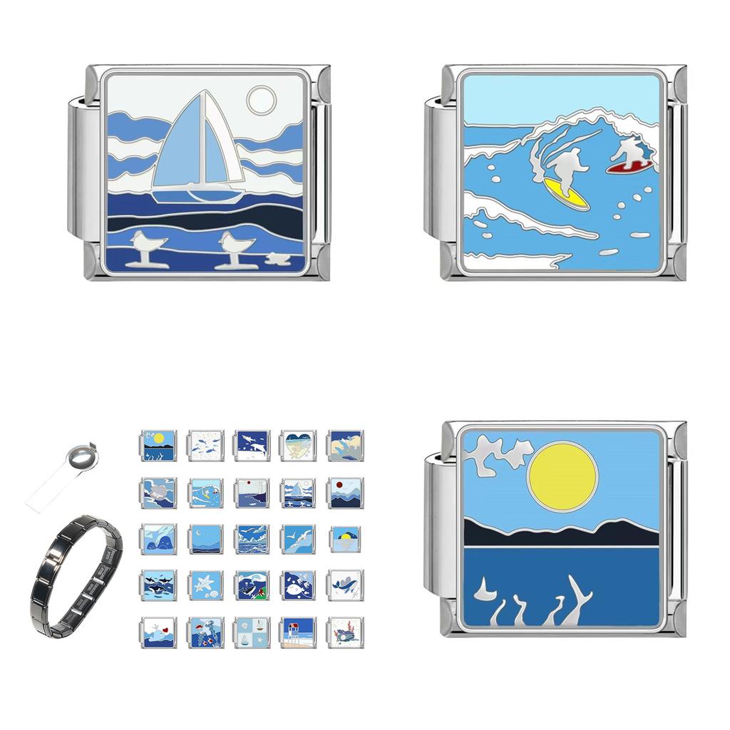 Italský náramek s články, díl pro výrobu šperků, modul, doplňky, nerezová ocel, texturovaný, potřeby pro výrobu náramků