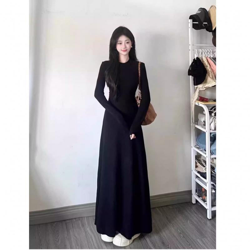 Spring Autumn Round Neck Elegant Fashion Black A-line Dress Women Long Sleeve Temperament Slim Robe Vestidos