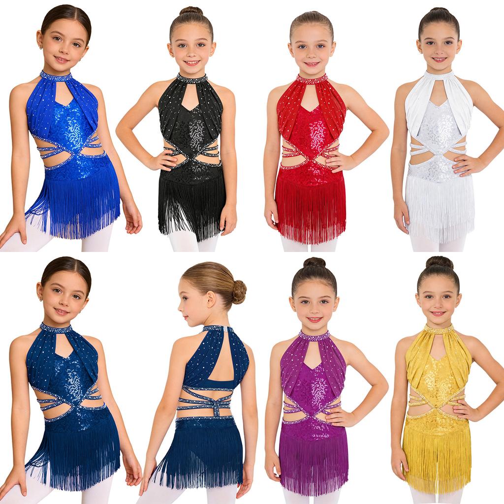 Leotard da Danza Accattivante per Bambine: Caratteristiche: Rete Arricciata, Taglio a Cut-out sulla Vita con Spalline, Strass e un Dinamico Orlo con Frange