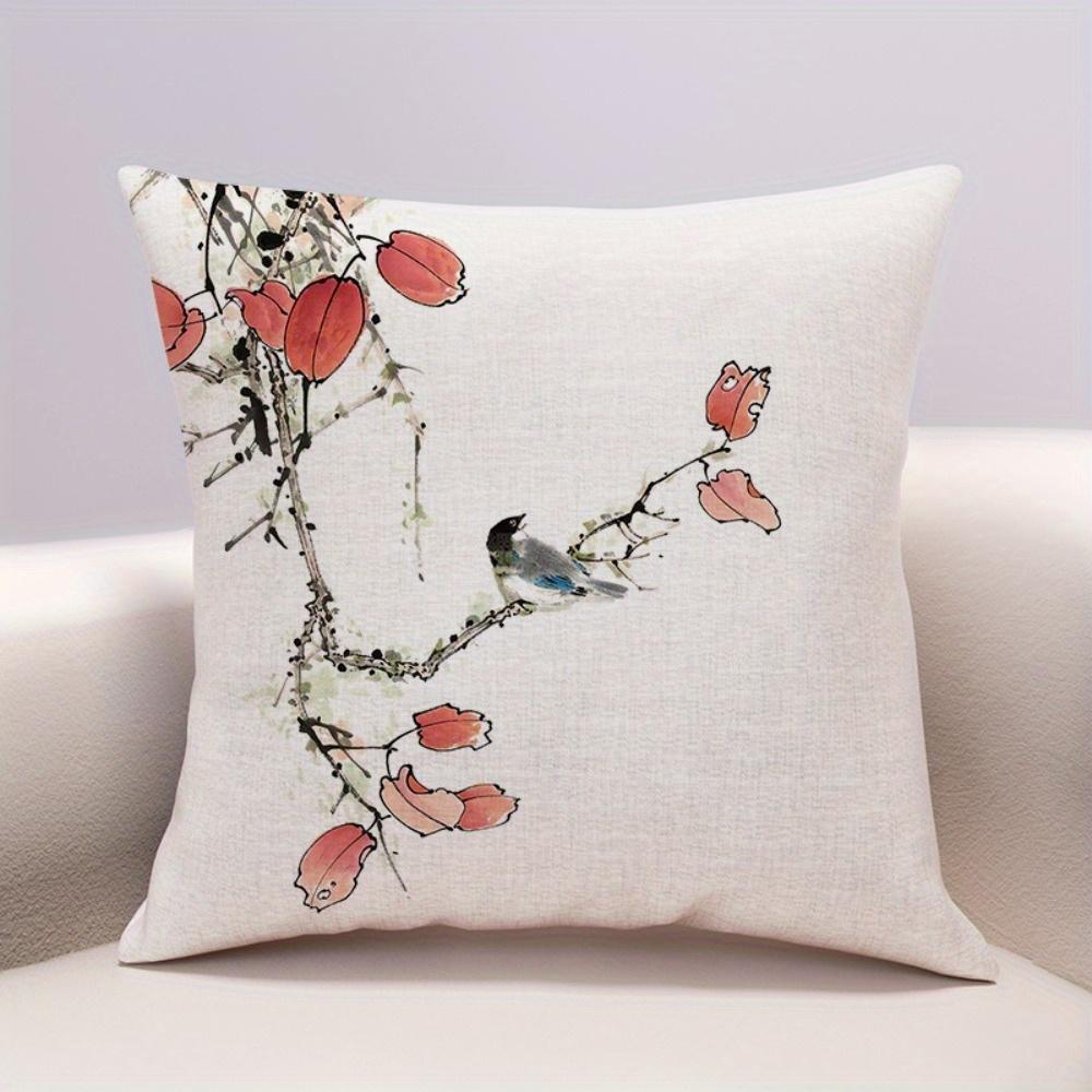 4Pcs Plum Blossom Bird Pattern Single-Sided Printing Short Plush Suitable Living Rooms Bedrooms Sofas (Excluding Pillow Cores)