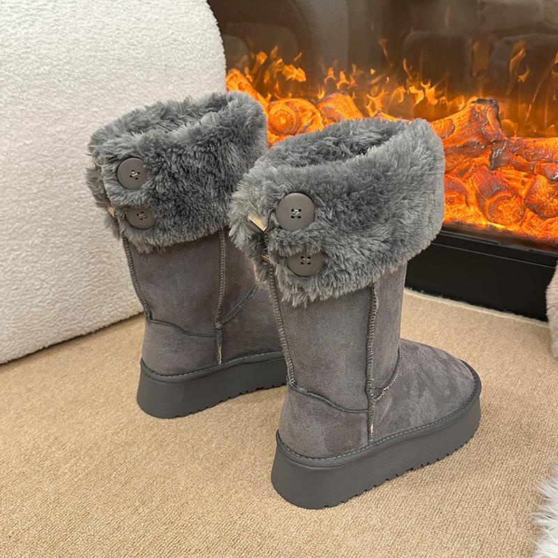Damen Dicke Sohle Haariger Mund Winter Warm Pelz Eins Schneestiefel Rutschfest Abrieb Lässig Sport Baumwollstiefel