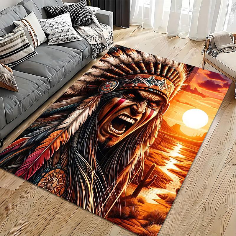Native Warrior Sunset Design Suitable As a Non-slip Mat for the Living Room or Bedroom Sofa
