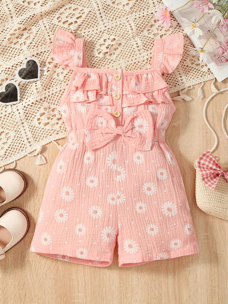 Summer Girls' One-piece Pants, Small and Fresh Frilled Short Pants, One-piece Dress for Little Kids, Casual and Refreshing Daisy Pants for Young Girls