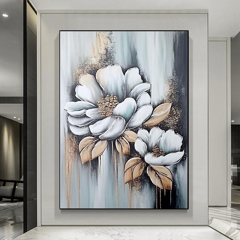 Abstrakt Oljemålning av Blommor och Blad Tryckt på Duk Vita Blommor Affischer Blommiga Tryck för Vardagsrum Veranda Väggdekoration
