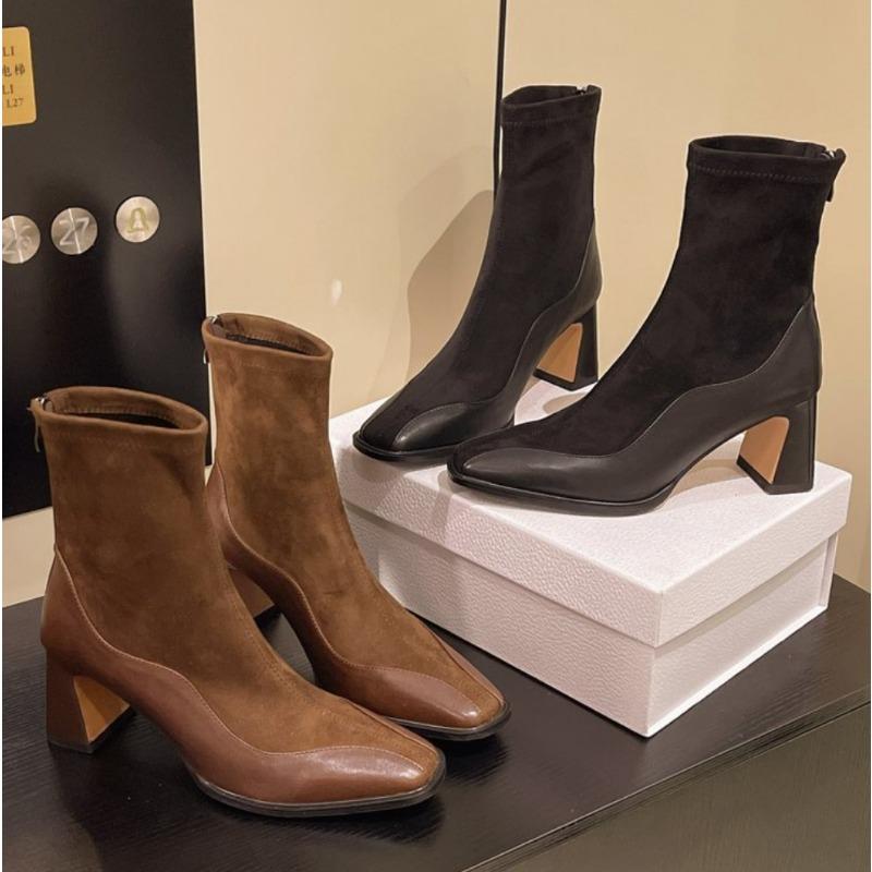 Retro High Heels Ankle Women's Boots Square Toe Sexy Shoes for Women Shoes Zip Ladies Shoes Classic Daily Thin Leg Women Botas