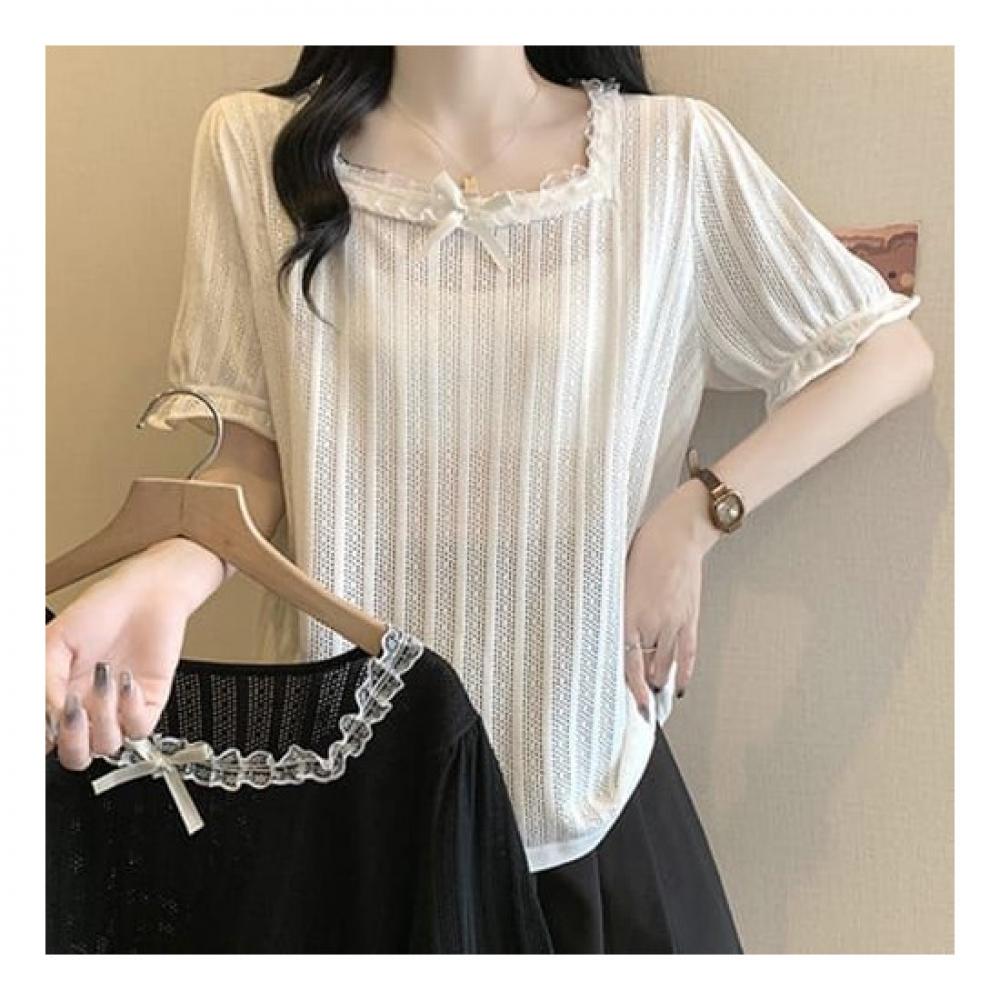 Navava Romantic Frill Punching Square Neck Short Sleeve Knit Nk2243