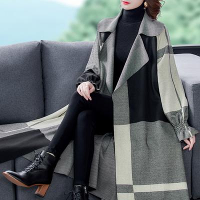 Autumn Winter Women Windbreaker X-long Coats Women's Coat Open Stitch Plaid Overcoat
