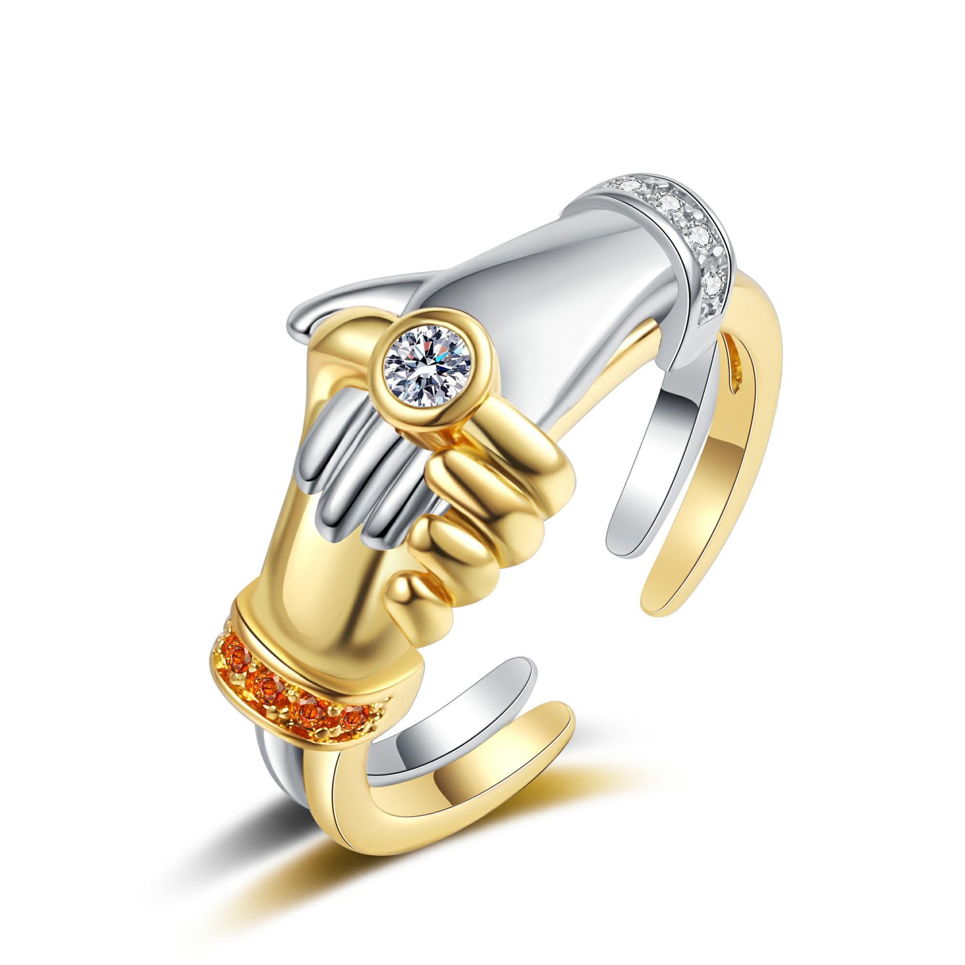 

2026 Hug Handshake Ring Niche Pair Ring Simple Personality Zircon Couple Stacking Ring Resizable