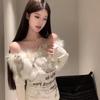 2KWEIRD Fur Collar One-shoulder Long-sleeved Women Slim-fit Printed Pattern Off-shoulder Short Top Trendy Hot Girl Winter T-shirt Women