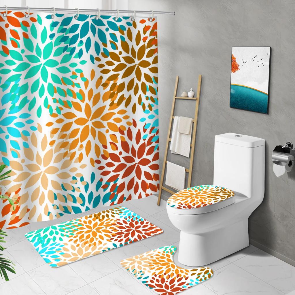 Marble Stain Print Long Shower Curtain Set Bathroom Mat Set Toilet Cover Non-Slip Bath Rug Waterproof Bathtub Decor With Hooks