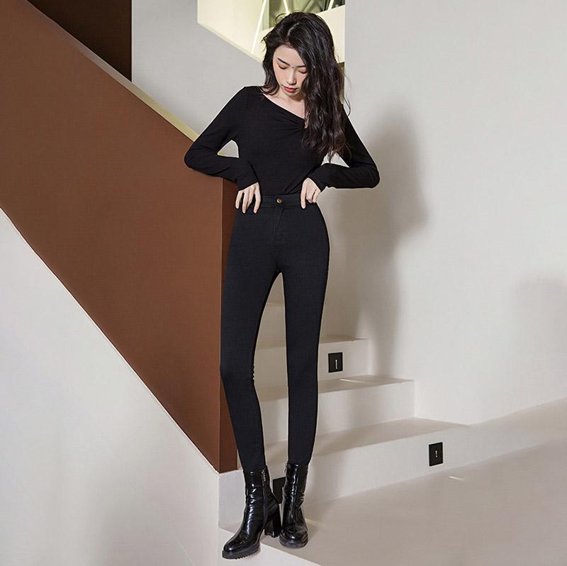 Lady Casual Street Slim Pencil Pants Dámské Skinny Kalhoty Jednobarevné černé kalhoty s knoflíkem do kapsy