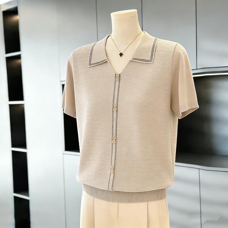 Chic Rhinestone Embellished Short-Sleeve Ice Silk Blouse for Middle-Aged Women - Plus Size Summer Lapel Top