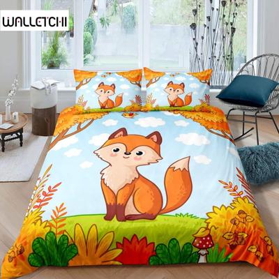 Fuchs-Bettbezug-Set für Mädchen, Cartoon-Fuchs-Bettwäsche-Set, hübsches Tier-Thema, Bettdeckenbezug für Kinder, Teenager, King-Size-Bettbezug aus Polyester