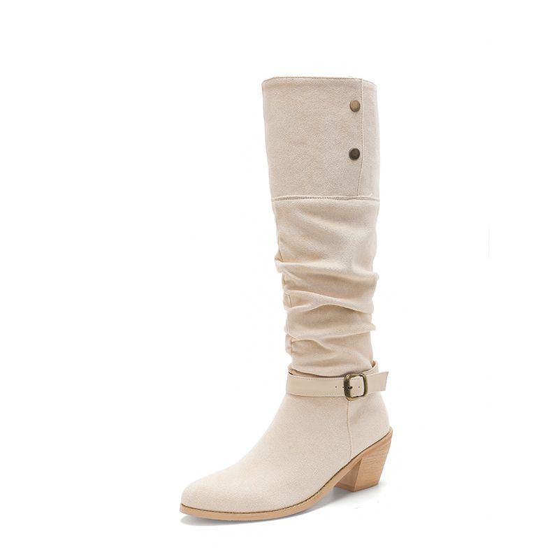 Veloursleder Damen Kniehohe Stiefel Runde Zehenpartie Blockabsätze 6,5cm Zum Hineinschlüpfen Gürtelschnalle Nieten Übergröße 42 43 Dating Bota