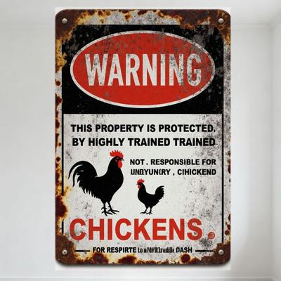 Vintage Verweerd Metalen Bord Roestige Waarschuwing 'KIPPEN' met Verroeste Randen, Zwart-Witte Achtergrond, Haan/Hen Illustratie, Typ