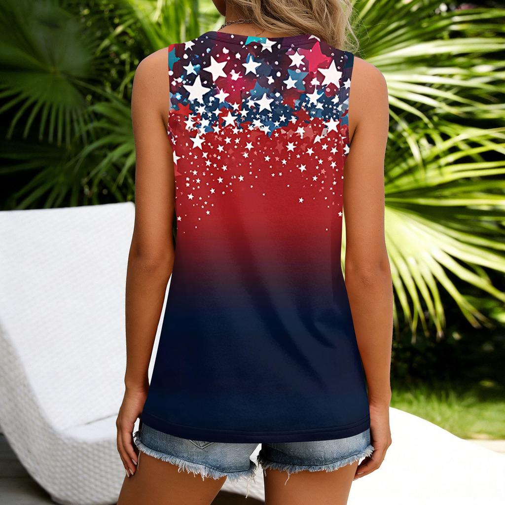 Canotta da donna senza maniche con scollo a V e bottoni sul davanti, camicetta casual estiva, stampa bandiera americana, leggera, vestibilità ampia