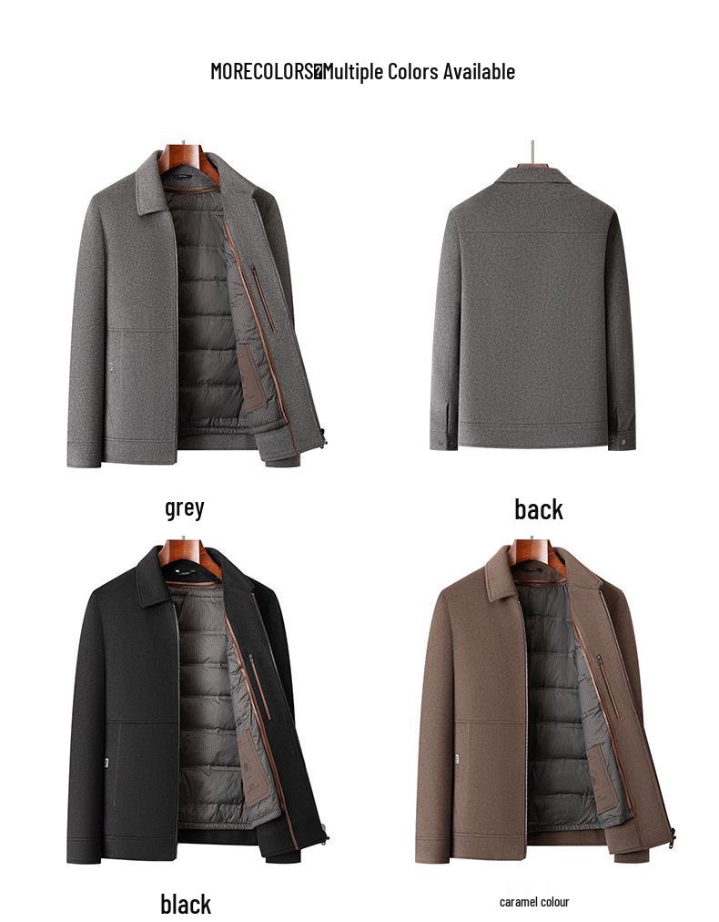 Men's Double-Sided Cashmere Lapel Jacket: Winter Business Wool Outerwear with Down Liner, Thick and Stylish for Middle-Aged Men.