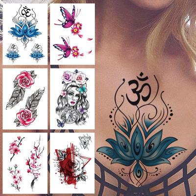 Blaue Lotusblume temporäre Tattoos für Frauen Mädchen 3D Schmetterling Feder Rose Tattoo Aufkleber gefälschte Aquarell Sexy Tatoos Brust