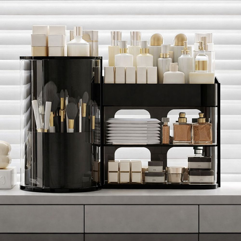 Plastic Cosmetic Storage Box Large Capacity Detachable Rotating Brush Holder Space Saving Dust-proof Makeup Organizer for Vanity